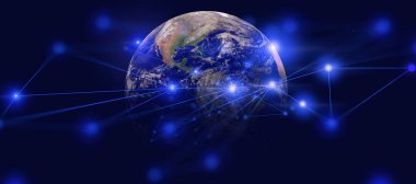 Toprak ve telekom için internet uydu ağı, 5G küresel veri depolama ağı, sosyal veri iletişiminin küresel ağı, NASA tarafından desteklenen bu görüntünün elementleri