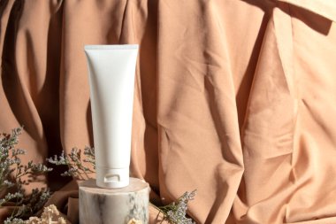 mockup tube bottle for skin care cosmetic, product branding, serum dropper cream lotion treatment with natural flower