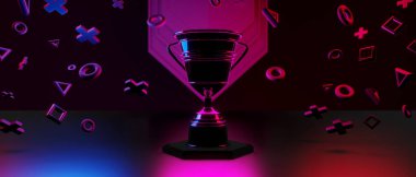 champion cup award tournament, video game of scifi gaming red blue vs e-sports backgound, vr virtual reality simulation and metaverse, scene stand pedestal stage, 3d illustration rendering