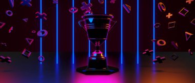 champion cup award tournament, video game of scifi gaming red blue vs e-sports backgound, vr virtual reality simulation and metaverse, scene stand pedestal stage, 3d illustration rendering