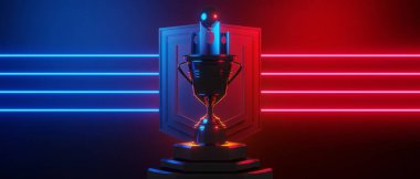 champion cup award tournament, video game of scifi gaming red blue vs e-sports backgound, vr virtual reality simulation and metaverse, scene stand pedestal stage, 3d illustration rendering