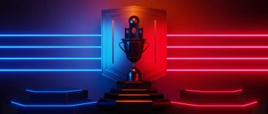 champion cup award tournament, video game of scifi gaming red blue vs e-sports backgound, vr virtual reality simulation and metaverse, scene stand pedestal stage, 3d illustration rendering