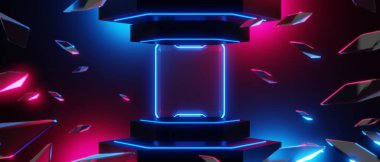 Esports Scifi oyun siberpunk, vr sanal gerçeklik simülasyonu ve metaevren soyut arka plan video oyunu, sahne kaidesi sahnesi, 3D illüstrasyon canlandırma, fütürist neon ışığı odası