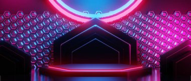 Esports Scifi oyun siberpunk, vr sanal gerçeklik simülasyonu ve metaevren soyut arka plan video oyunu, sahne kaidesi sahnesi, 3D illüstrasyon canlandırma, fütürist neon ışığı odası