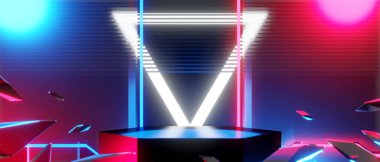 Esports Scifi oyun siberpunk, vr sanal gerçeklik simülasyonu ve metaevren soyut arka plan video oyunu, sahne kaidesi sahnesi, 3D illüstrasyon canlandırma, fütürist neon ışığı odası