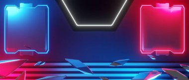 Esports Scifi oyun siberpunk, vr sanal gerçeklik simülasyonu ve metaevren soyut arka plan video oyunu, sahne kaidesi sahnesi, 3D illüstrasyon canlandırma, fütürist neon ışığı odası