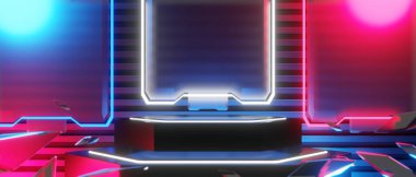 Esports Scifi oyun siberpunk, vr sanal gerçeklik simülasyonu ve metaevren soyut arka plan video oyunu, sahne kaidesi sahnesi, 3D illüstrasyon canlandırma, fütürist neon ışığı odası