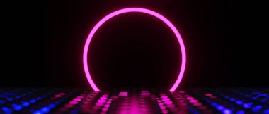 Esports Scifi oyun siberpunk, vr sanal gerçeklik simülasyonu ve metaevren soyut arka plan video oyunu, sahne kaidesi sahnesi, 3D illüstrasyon canlandırma, fütürist neon ışığı odası