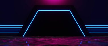 Esports Scifi oyun siberpunk, vr sanal gerçeklik simülasyonu ve metaevren soyut arka plan video oyunu, sahne kaidesi sahnesi, 3D illüstrasyon canlandırma, fütürist neon ışığı odası