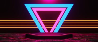 abstract backgound video game of esports scifi gaming cyberpunk, vr virtual reality simulation and metaverse, scene stand pedestal stage, 3d illustration rendering, futuristic neon glow room
