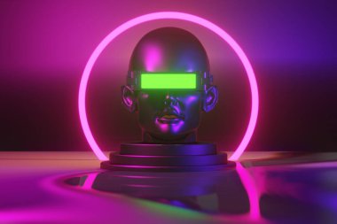 Esports Scifi oyun siberpunk, vr sanal gerçeklik simülasyonu ve metaevren soyut arka plan video oyunu, sahne kaidesi sahnesi, 3D illüstrasyon canlandırma, fütürist neon ışığı odası