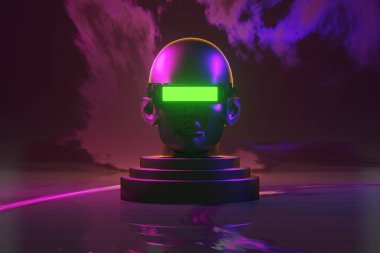 Esports Scifi oyun siberpunk, vr sanal gerçeklik simülasyonu ve metaevren soyut arka plan video oyunu, sahne kaidesi sahnesi, 3D illüstrasyon canlandırma, fütürist neon ışığı odası