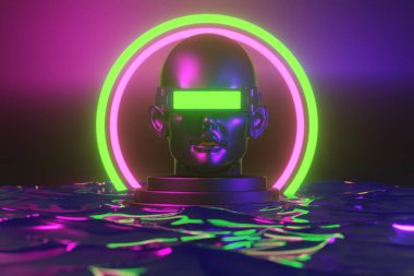 Esports Scifi oyun siberpunk, vr sanal gerçeklik simülasyonu ve metaevren soyut arka plan video oyunu, sahne kaidesi sahnesi, 3D illüstrasyon canlandırma, fütürist neon ışığı odası