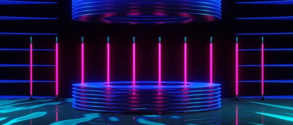 Esports科幻网络游戏庞克的抽象背景音乐视频游戏 Vr虚拟现实仿真与变换 场景立柱基座舞台 3D图解渲染 未来主义霓虹灯发光室 — 图库照片
