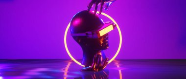 robot hand, abstract backgound video game of esports scifi gaming cyberpunk, vr virtual reality simulation and metaverse, scene stand pedestal stage, 3d illustration rendering, futuristic neon glow 