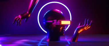 robot hand, abstract backgound video game of esports scifi gaming cyberpunk, vr virtual reality simulation and metaverse, scene stand pedestal stage, 3d illustration rendering, futuristic neon glow 