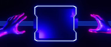 robot hand, abstract backgound video game of esports scifi gaming cyberpunk, vr virtual reality simulation and metaverse, scene stand pedestal stage, 3d illustration rendering, futuristic neon glow 