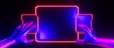robot hand, abstract backgound video game of esports scifi gaming cyberpunk, vr virtual reality simulation and metaverse, scene stand pedestal stage, 3d illustration rendering, futuristic neon glow 