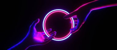 robot hand, abstract backgound video game of esports scifi gaming cyberpunk, vr virtual reality simulation and metaverse, scene stand pedestal stage, 3d illustration rendering, futuristic neon glow 