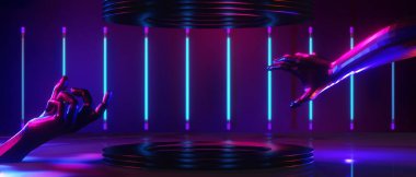 robot hand, abstract backgound video game of esports scifi gaming cyberpunk, vr virtual reality simulation and metaverse, scene stand pedestal stage, 3d illustration rendering, futuristic neon glow 