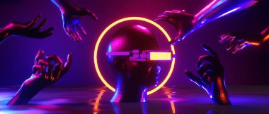 robot hand, abstract backgound video game of esports scifi gaming cyberpunk, vr virtual reality simulation and metaverse, scene stand pedestal stage, 3d illustration rendering, futuristic neon glow 