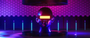 robot hand, abstract backgound video game of esports scifi gaming cyberpunk, vr virtual reality simulation and metaverse, scene stand pedestal stage, 3d illustration rendering, futuristic neon glow 