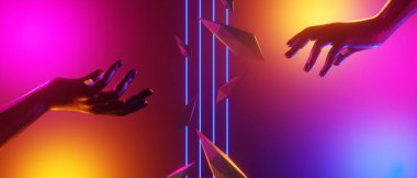 robot hand, abstract backgound video game of esports scifi gaming cyberpunk, vr virtual reality simulation and metaverse, scene stand pedestal stage, 3d illustration rendering, futuristic neon glow 