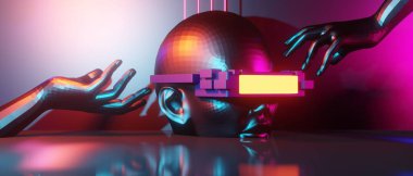 robot hand, abstract backgound video game of esports scifi gaming cyberpunk, vr virtual reality simulation and metaverse, scene stand pedestal stage, 3d illustration rendering, futuristic neon glow 
