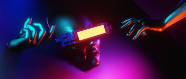 robot hand, abstract backgound video game of esports scifi gaming cyberpunk, vr virtual reality simulation and metaverse, scene stand pedestal stage, 3d illustration rendering, futuristic neon glow 