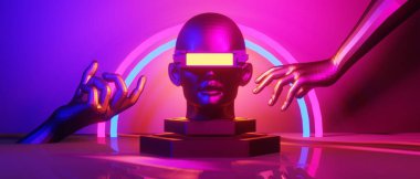 robot hand, abstract backgound video game of esports scifi gaming cyberpunk, vr virtual reality simulation and metaverse, scene stand pedestal stage, 3d illustration rendering, futuristic neon glow 