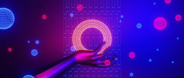 robot hand, abstract backgound video game of esports scifi gaming cyberpunk, vr virtual reality simulation and metaverse, scene stand pedestal stage, 3d illustration rendering, futuristic neon glow 