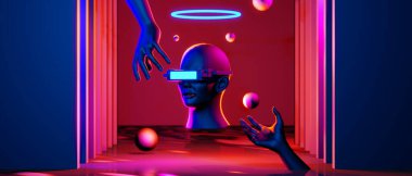 robot hand with brain of mind in healthy concept, abstract backgound video game of esports scifi gaming cyberpunk, vr virtual reality simulation and metaverse, 3d illustration rendering