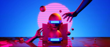 robot hand with brain of mind in healthy concept, abstract backgound video game of esports scifi gaming cyberpunk, vr virtual reality simulation and metaverse, 3d illustration rendering