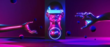 robot hand with brain of mind in healthy concept, abstract backgound video game of esports scifi gaming cyberpunk, vr virtual reality simulation and metaverse, 3d illustration rendering