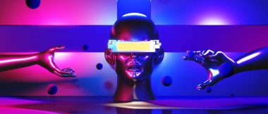 robot hand with brain of mind in healthy concept, abstract backgound video game of esports scifi gaming cyberpunk, vr virtual reality simulation and metaverse, 3d illustration rendering