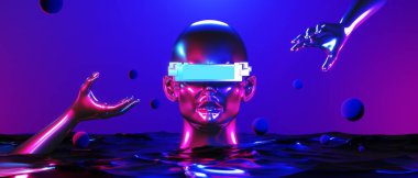 robot hand with brain of mind in healthy concept, abstract backgound video game of esports scifi gaming cyberpunk, vr virtual reality simulation and metaverse, 3d illustration rendering