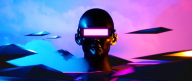 Esports Scifi oyun siberpunk, vr sanal gerçeklik simülasyonu ve metaevren soyut arka plan video oyunu, sahne kaidesi sahnesi, 3D illüstrasyon canlandırma, fütürist neon ışığı odası