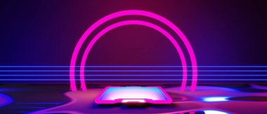 Esports Scifi oyun siberpunk, vr sanal gerçeklik simülasyonu ve metaevren soyut arka plan video oyunu, sahne kaidesi sahnesi, 3D illüstrasyon canlandırma, fütürist neon ışığı odası