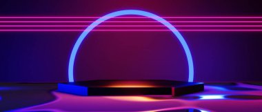 Esports Scifi oyun siberpunk, vr sanal gerçeklik simülasyonu ve metaevren soyut arka plan video oyunu, sahne kaidesi sahnesi, 3D illüstrasyon canlandırma, fütürist neon ışığı odası