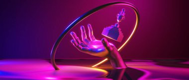 Esports Scifi oyun siberpunk, vr sanal gerçeklik simülasyonu ve metaevren soyut arka plan video oyunu, sahne kaidesi sahnesi, 3D illüstrasyon canlandırma, fütürist neon ışığı odası