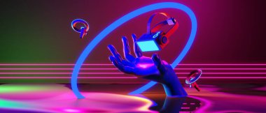 Esports Scifi oyun siberpunk, vr sanal gerçeklik simülasyonu ve metaevren soyut arka plan video oyunu, sahne kaidesi sahnesi, 3D illüstrasyon canlandırma, fütürist neon ışığı odası