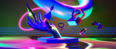 Esports Scifi oyun siberpunk, vr sanal gerçeklik simülasyonu ve metaevren soyut arka plan video oyunu, sahne kaidesi sahnesi, 3D illüstrasyon canlandırma, fütürist neon ışığı odası