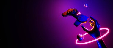 hand holding joystick video game of esports scifi gaming cyberpunk, vr virtual reality simulation and metaverse, scene stand pedestal stage, 3d illustration rendering, futuristic neon glow room