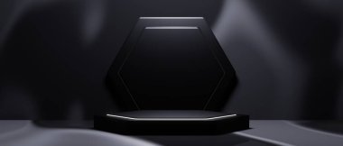 Siyah podyum sahne kaidesi kozmetik ürün sergisi sahnesi, 3D illüstrasyon