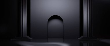 Stüdyo odası arkaplanı soyut, podyum ürün sergisi sahnesindeki spot ışıkları, üç boyutlu illüstrasyon.