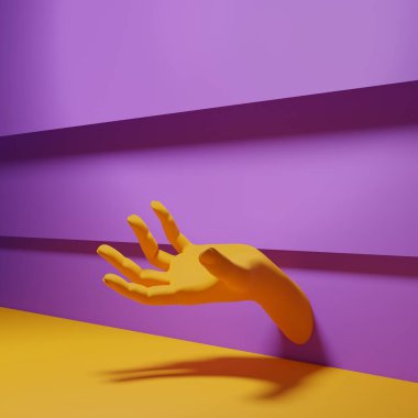 Stüdyo odası soyut, manken eli figürlü arka plan, podyum ürün sergisi sahnesinde sahne ışığı, 3 boyutlu illüstrasyon.