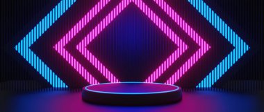 Esports Scifi oyun siberpunk, vr sanal gerçeklik simülasyonu ve metaevren soyut arka plan video oyunu, sahne kaidesi sahnesi, 3D illüstrasyon canlandırma, fütürist neon ışığı odası
