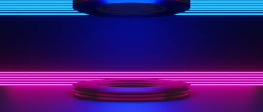 Esports Scifi oyun siberpunk, vr sanal gerçeklik simülasyonu ve metaevren soyut arka plan video oyunu, sahne kaidesi sahnesi, 3D illüstrasyon canlandırma, fütürist neon ışığı odası