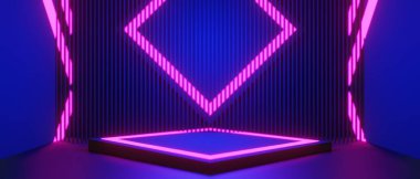 Esports Scifi oyun siberpunk, vr sanal gerçeklik simülasyonu ve metaevren soyut arka plan video oyunu, sahne kaidesi sahnesi, 3D illüstrasyon canlandırma, fütürist neon ışığı odası