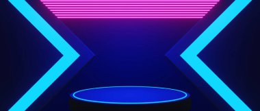 Esports Scifi oyun siberpunk, vr sanal gerçeklik simülasyonu ve metaevren soyut arka plan video oyunu, sahne kaidesi sahnesi, 3D illüstrasyon canlandırma, fütürist neon ışığı odası